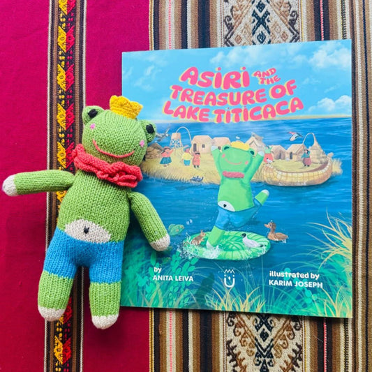 Asiri handcrafted frog doll paired with the illustrated children's book Asiri and the Treasure of Lake Titicaca, English edition