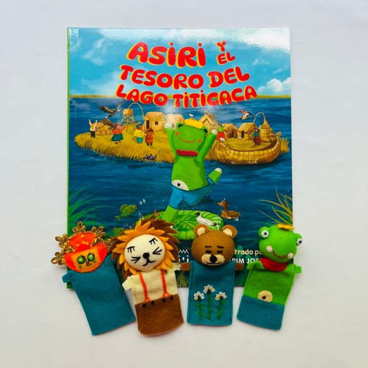 Asiri y el Tesoro del Lago Titicaca” Story Book + Handcrafted Felt Finger Puppets Set | Asiri, Wari, Ukuku & Apu