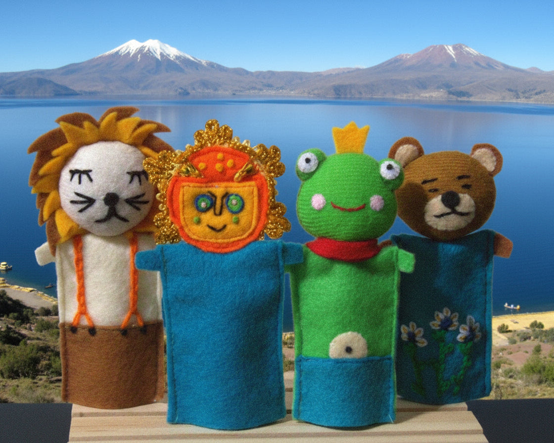 Asiri, Wari, Ukuku and Apu finger puppets handmade by Peruvian artisans